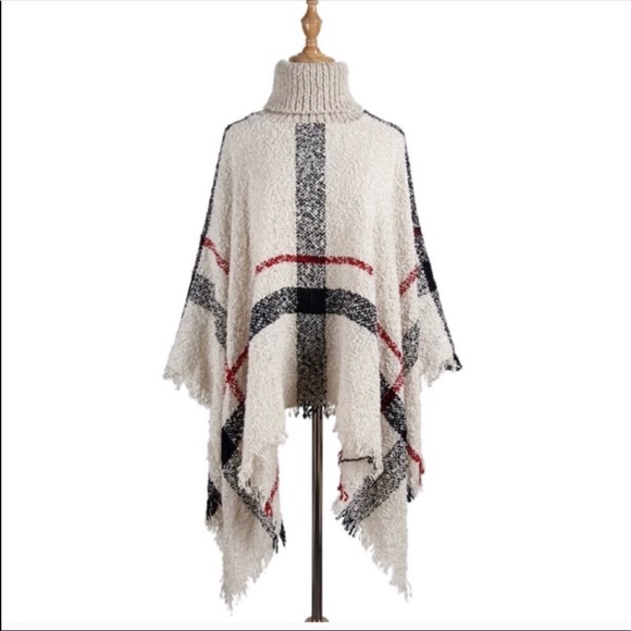 Plaid Poncho Cardigan Scarf Shawl  Kimono-CAMEL - Picture 2 of 8